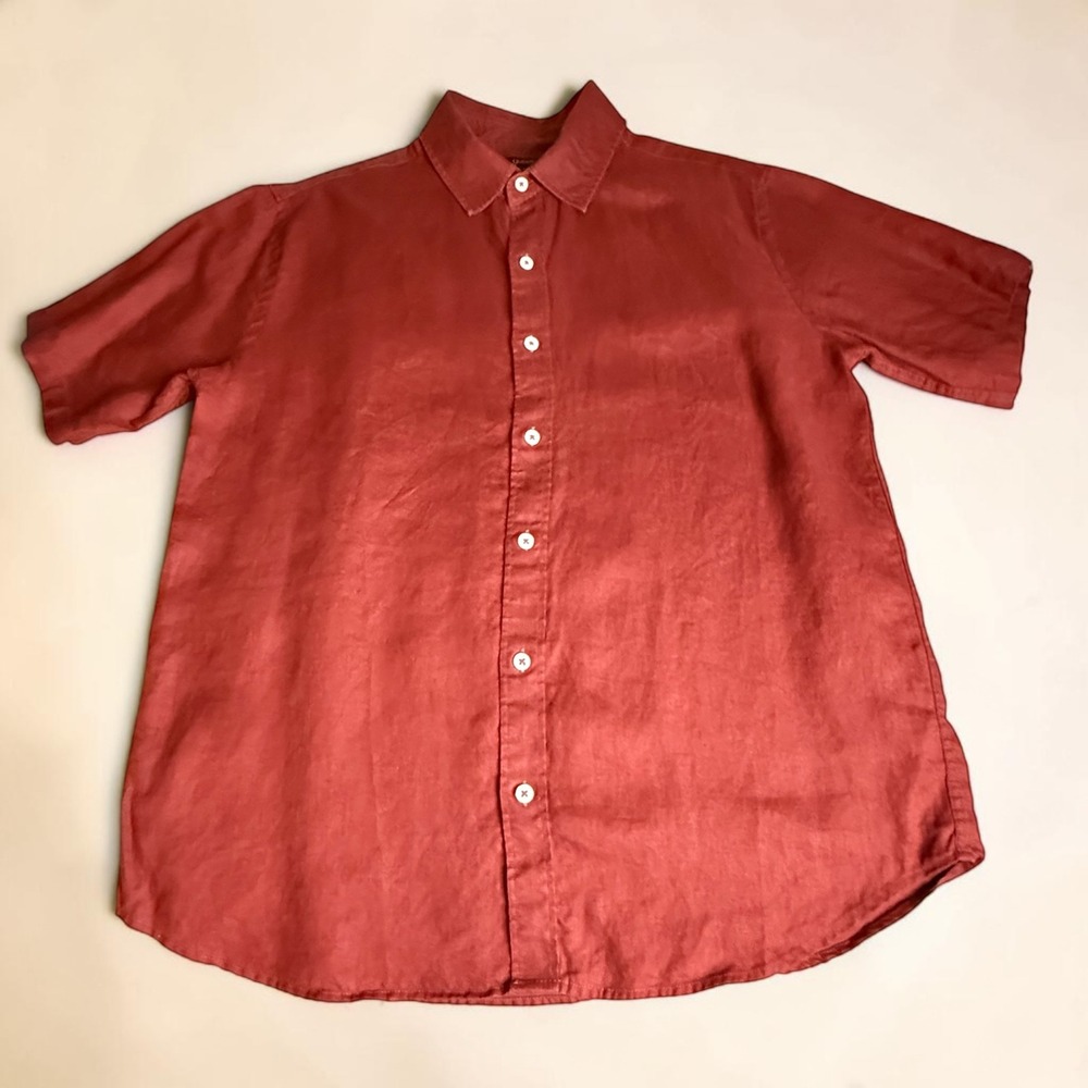 Quince Mens 100% European Linen Short Sleeve Relaxed Shirt Rust Red Large